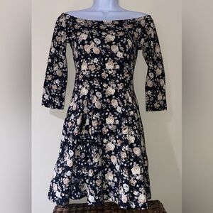 Floral Rose print Knit skater dress black floral dress off the shoulder dress